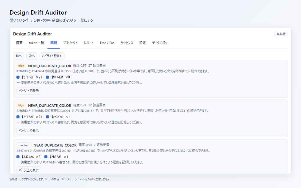 Design Drift Auditorがページ内のデザインのばらつきを一覧表示している画面